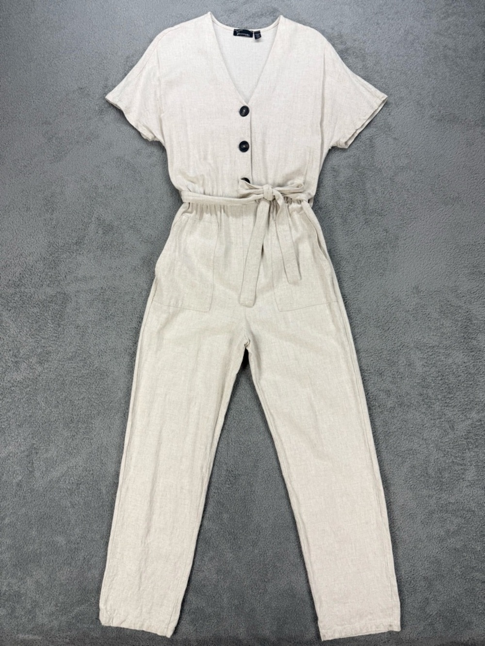 Femme By Design Linen Blend Short Sleeve Jumpsuit with Tie Waist